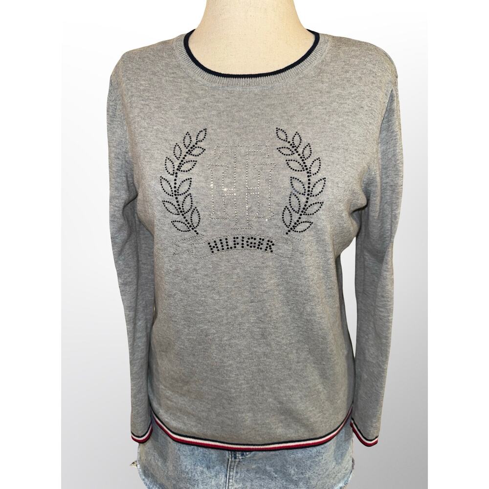 Women’s Tommy Hilfiger Gray Embellished Logo Sweater Size Large Cotton‎ Crewneck